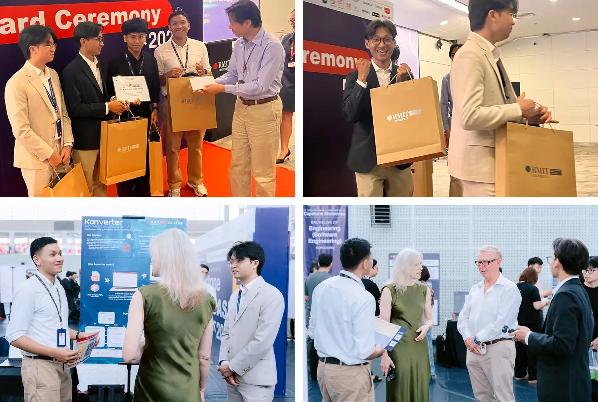 The Konverter team receives third place at RMIT Vietnam's 2026 Capstone Awards, with Professor Iwona Miliszewska at the Konverter stand